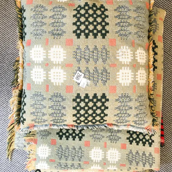 Pair of Welsh Knitted Blankets and Two Cushions