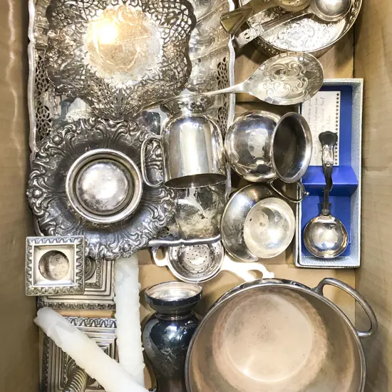 Box of Assorted S/P including Pair of Candle Holders and Wine Coaster
