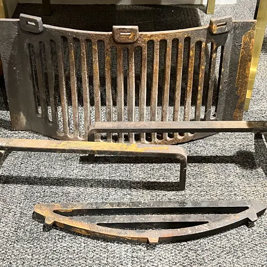 Pair of Brass Fire Dogs Together With Cast Metal Grill