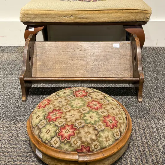 Tapestry Topped Stool together with Ciircular Footstool and Bookstand