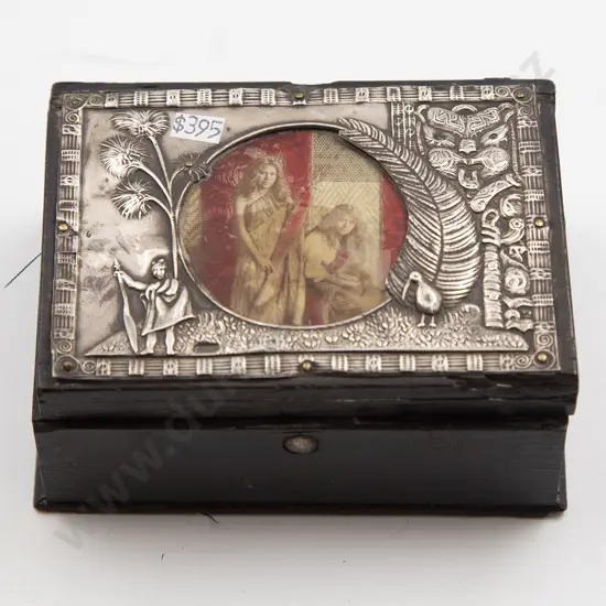 A Wooden Maori Box With Embossed Sterling Siver Lid