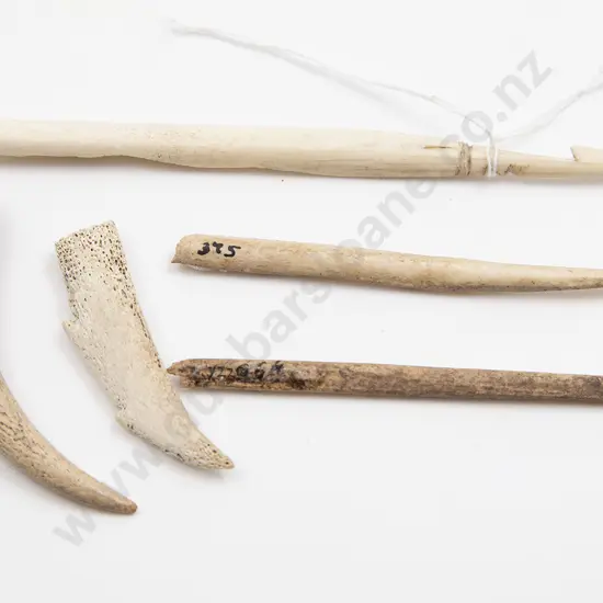 Two Bone Fish Barbs And Three Awl Fragments