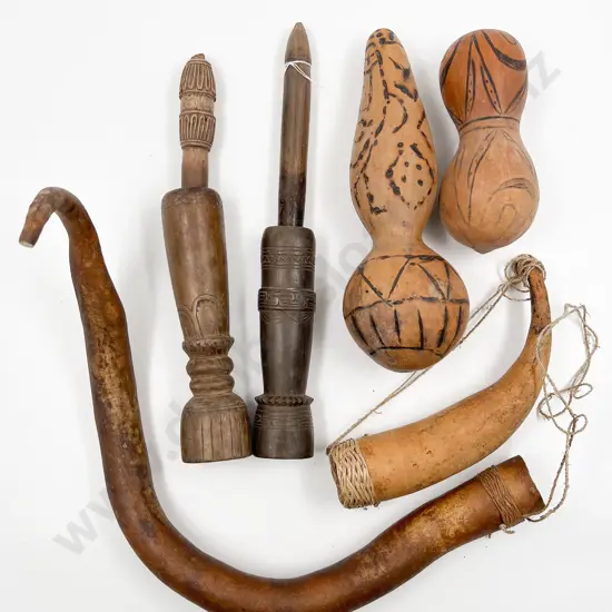 Four Gourds And Two Morter And Pestles From Papua New Guinea