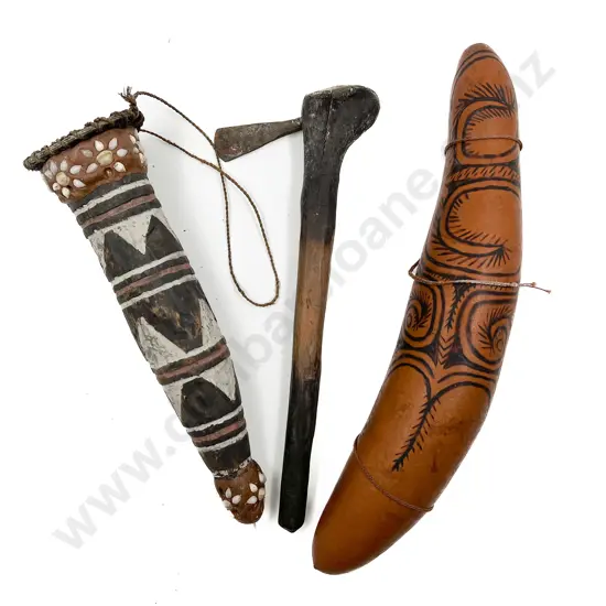 Two Papua New Guinea Gourds And A Small Hafted Axe