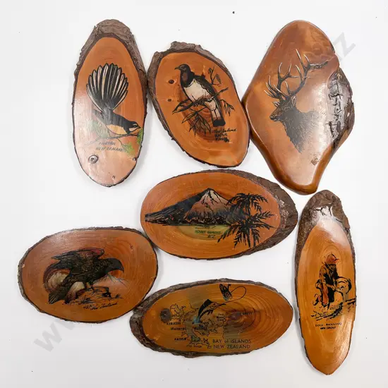 Seven Rimu Wall Plaques Depicting Native Birds And New Zealand Scenery