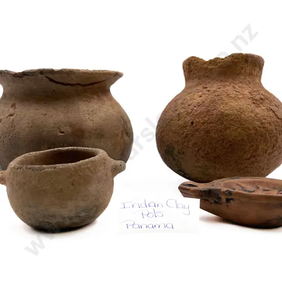 Three Clay Pots And An Oil Lamp From Panama
