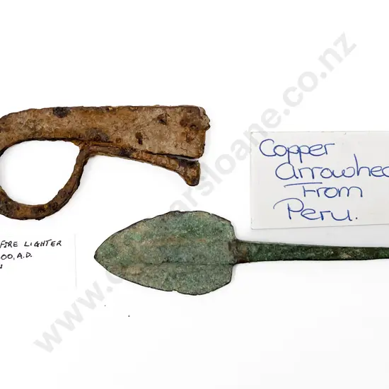 A Roman Fire Lighter And A Cooper Arrow Head From Peru