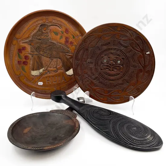 Carved Ebonised Patu With Huia Commemorative Plate And Two Others
