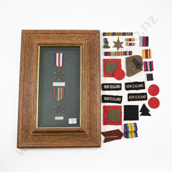 WWII The Pacific Star Medal with various ribbons and cloth patches and two replica medals