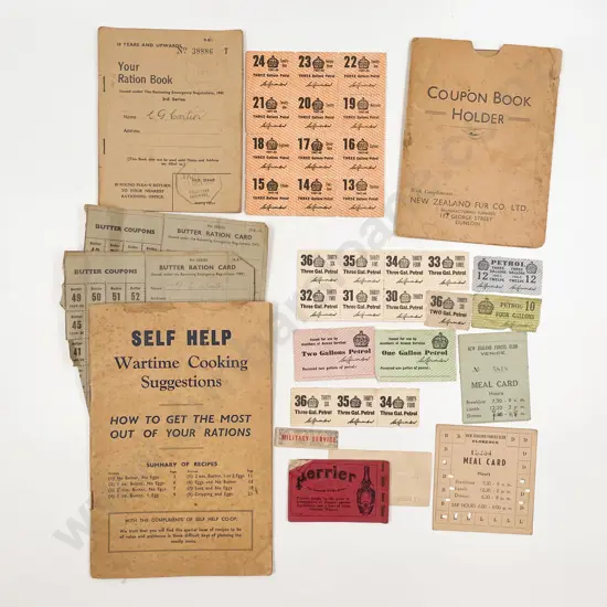 Collection WWII NZ Ration Cards Tickets and Ration Book with Wartime Cookbook