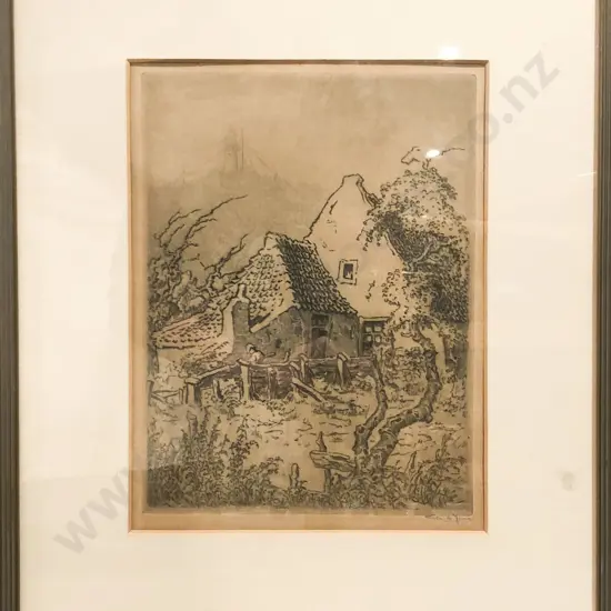Signed Drypoint Etching of Cottage Scene