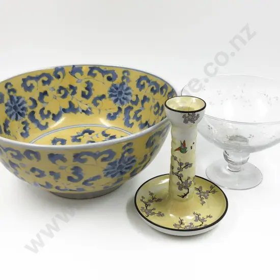 Large Chinese Table Bowl Together With Glazed Carlton Ware Candlestick and Other
