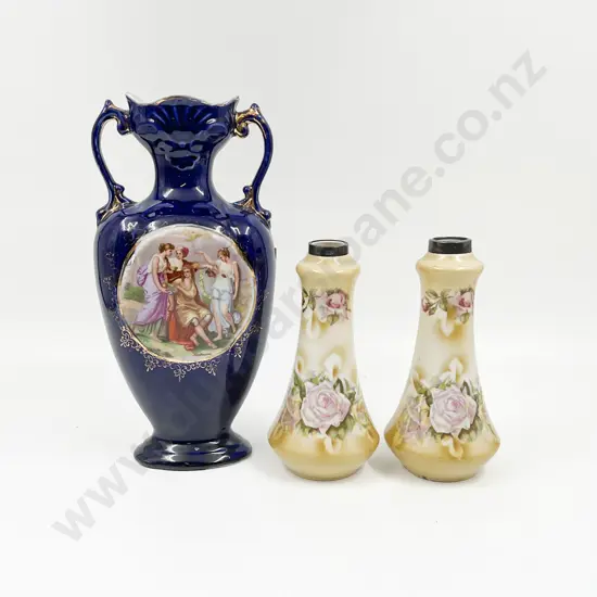 Pair of S/S Rimmed Floral Vases Together With Double Handled Vase