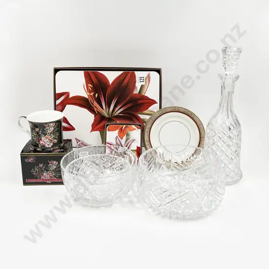 Small Quantity of Assorted Incl. Placemats and Coasters With Crystal Bowls and Boxed Mug Etc.