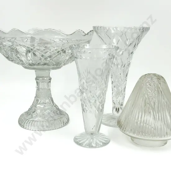 Pressed Glass Comport Together With Glass Lightshade and Two Crystal Vases (One Chipped)