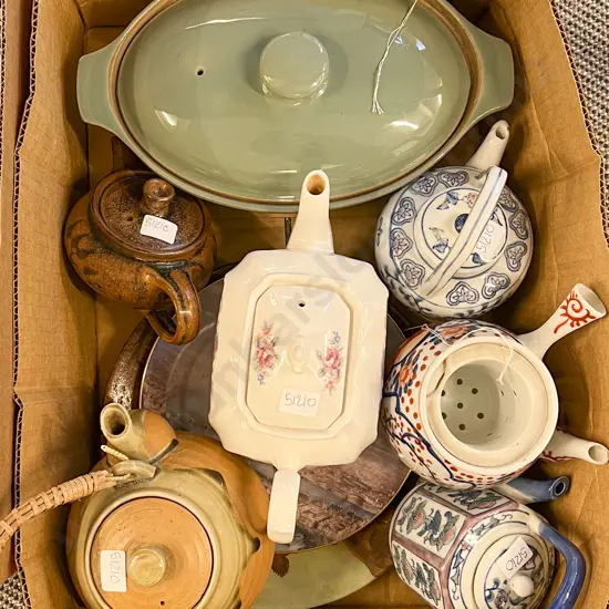 Quantity of Assorted China Tea Pots Together With Denby Oven Dish