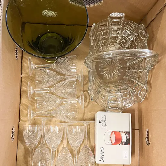 Box of Assorted Crystal and Glass Incl. Pressed Glass Basket