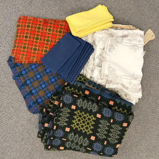 Welsh Knitted Blanket Together With Place Mats and Assorted Vintage Table Linen