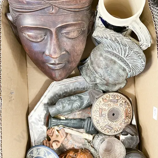 Box of Assorted Ornaments and China Incl. Wedgewood Candleholder