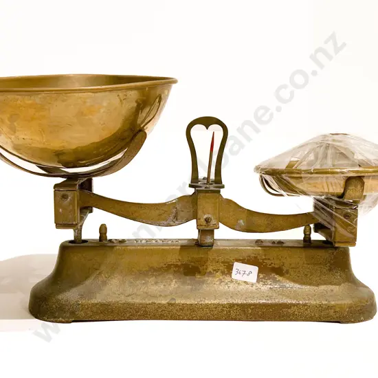 Vintage Brass Kitchen Scales Together With Set of Five Weights