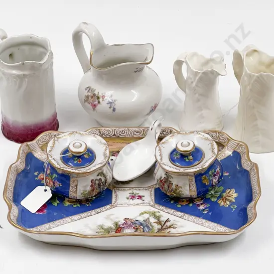 Dresden Fancy China Desk Set Together With Graduated Pair of Royal Worcester Leaf Decorated Jugs (Chips) Etc.