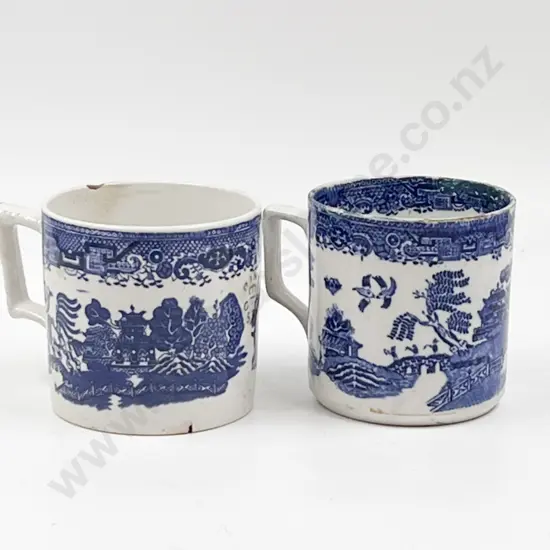Two Willow Patterned Blue & White Breakfast Mugs