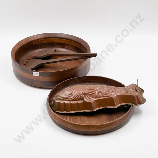 Copper Fish Form Mould Together With Two Wooden Bowls Etc.