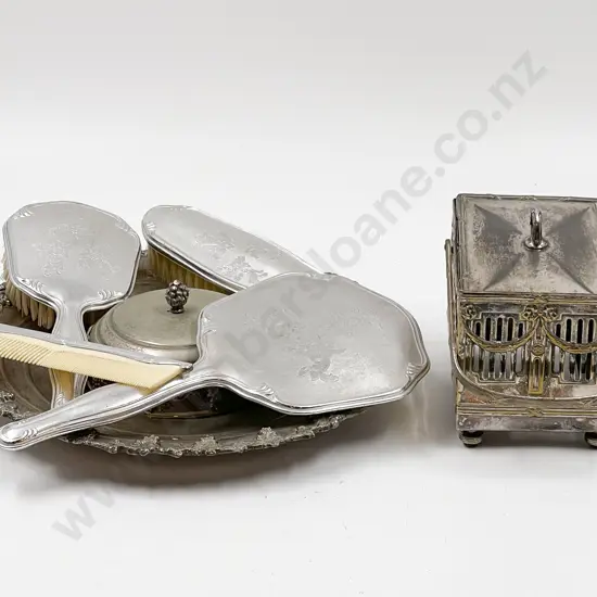 Four Piece Vanity Set Together With Plated Cheese Platter and Cover and Plated Basket (Missing Liner)