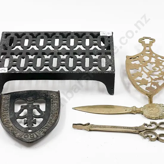 Three Vintage Metal Trivets Together With Brass Manchester Made Letter Opener