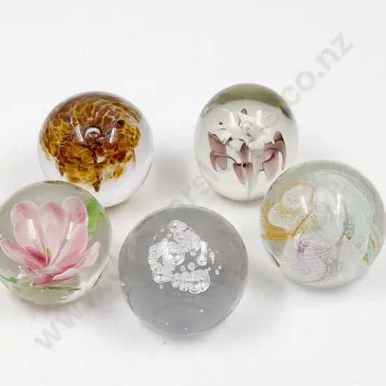 Five Assorted Art Glass Paperweights Incl. Wedgewood and Caithness