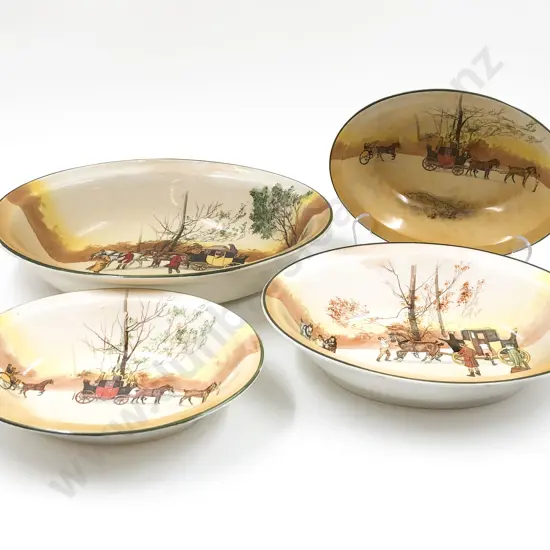 Four Graduated RD "Coaching" Pattern Oval Serving Bowls