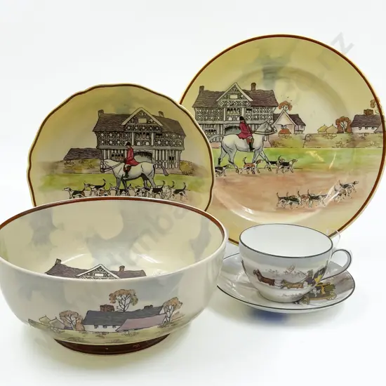 Three Pieces of RD "Hunting" Pattern China Together With RD "Winter Coaching Scene" Cup and Saucer