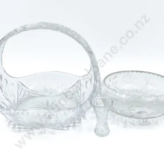 Floral Pattern Glass Basket With Fruit Bowl and Small Posy Vase