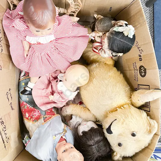 Box of Assorted Vintage Dolls and Toys