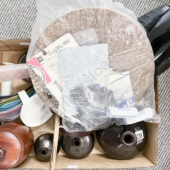 Box of Assorted Vintage Incl. Measures and Shoehorns with Vases Etc.