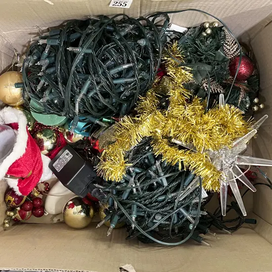 Box of Assorted Christmas Decorations Incl. Lights and Baubles Etc.