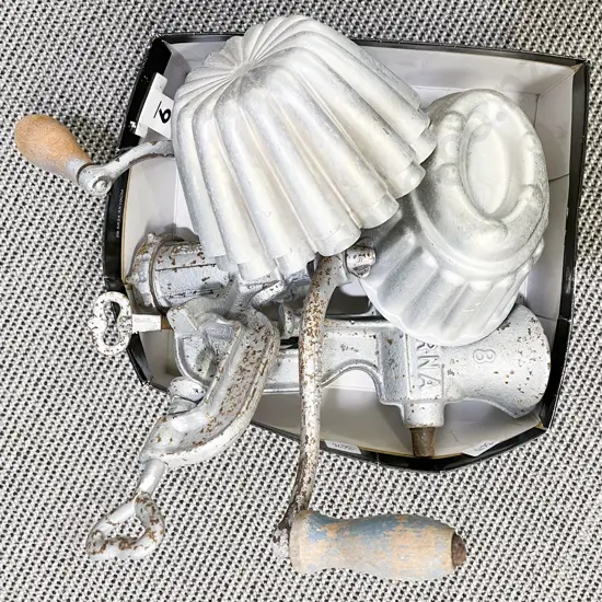 Box of Assorted Vintage Kitchenware Incl. Mincer and Jelly Moulds