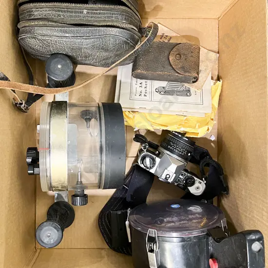 Quantity of Assorted Vintage Cameras & Accessories Including Two Underwater Camera Housings