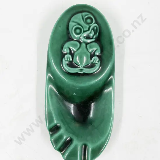 Green Glazed Tiki Decorated Ashtray