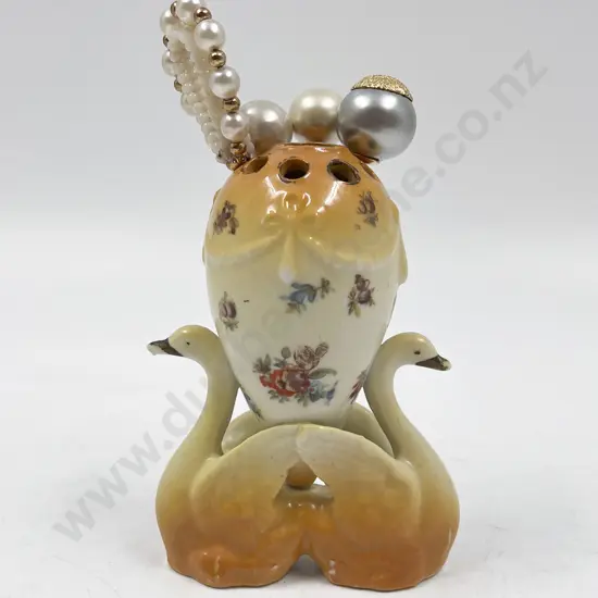 Ceramic Swan Form Hat Pin Holder and Four Hat Pins
