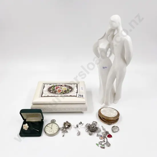 Musical Jewellery Box with MOP and Compact Omega Pocket Watch Together with RD Figure (Faults)