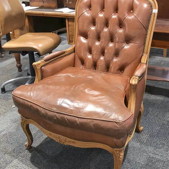 French Style Leather Button Back Armchair