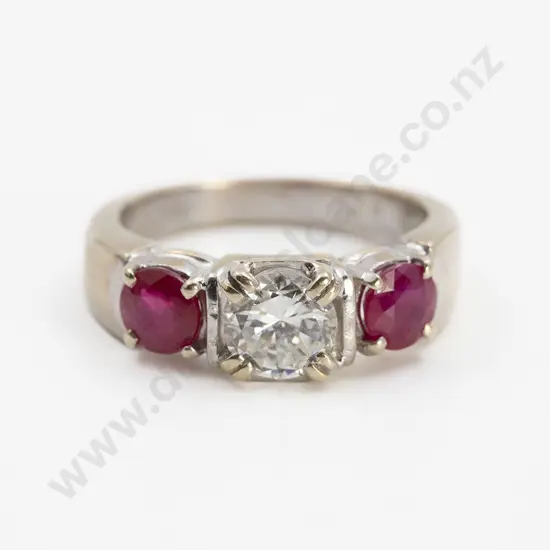 18ct White Gold Three Stone Ruby and Diamond Bridge Ring