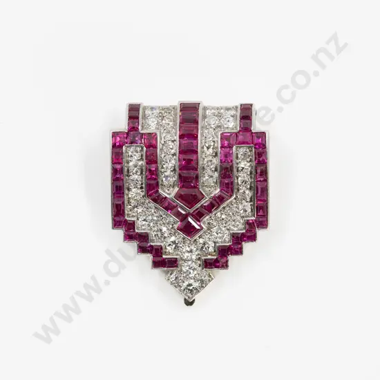 Art Deco Period 18ct White Gold 99stone Ruby and Diamond Dress Clip Brooch