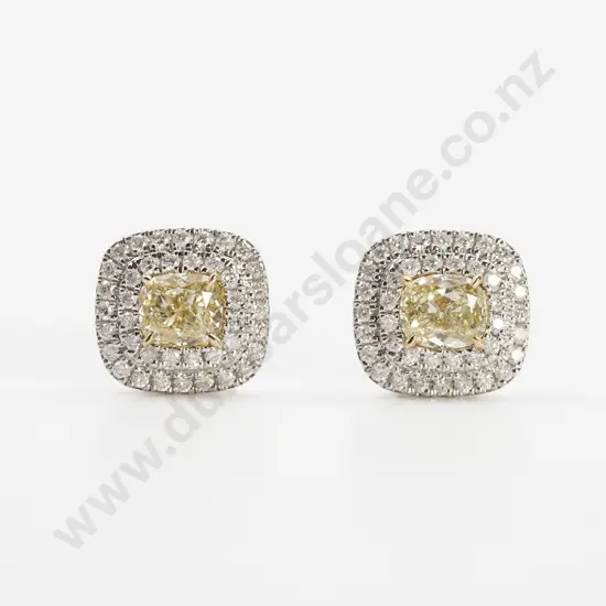 Pair 14ct White Gold Fancy Yellow Diamond Double Halo Stud Earrings