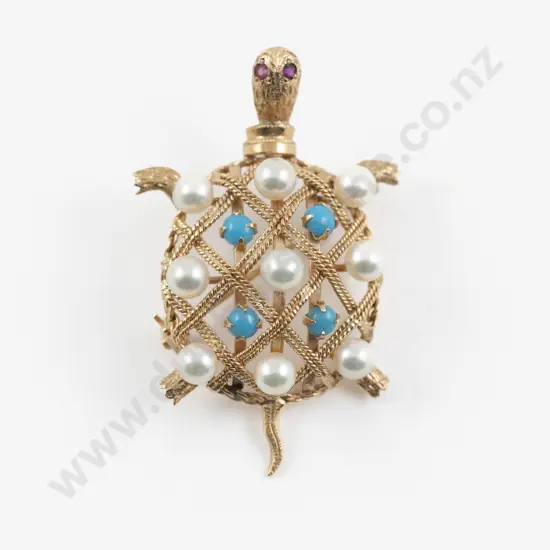 14ct Cultured Pearl and Turquoise Turtle Brooch