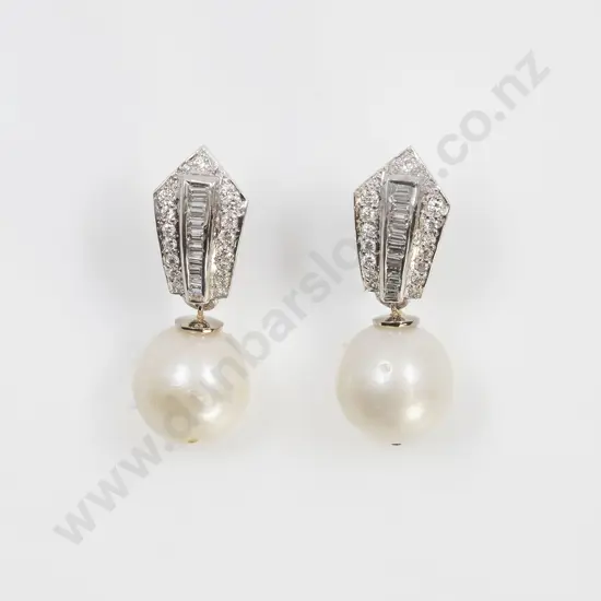 Pair 18ct White Gold Diamond and Pearl Pendant Earrings