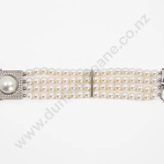 18ct White Gold Cultured Pearl and Diamond Bracelet