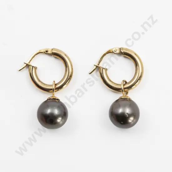 Pair 9ct Plain Hoop Earrings with Black South Sea Pearl Pendants