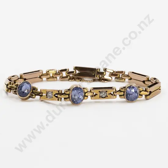 Edwardian 15ct Five Stone Sapphire and Diamond Gate Link Style Bracelet
